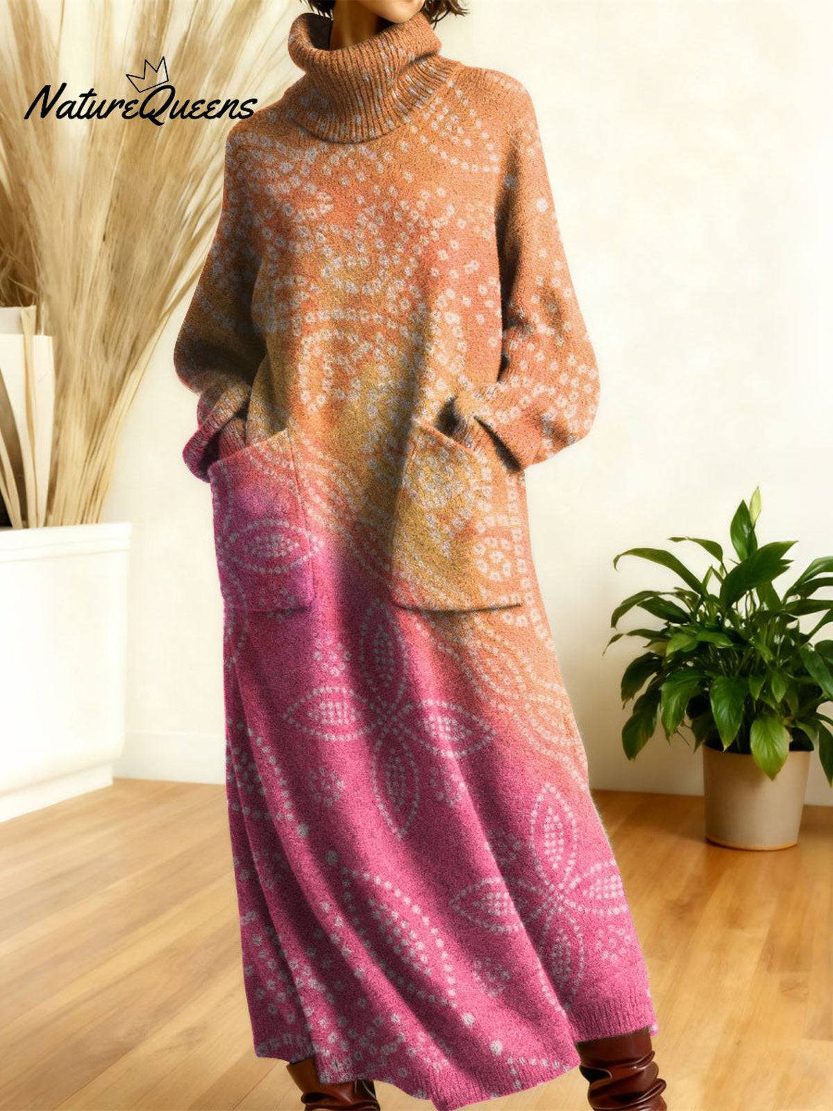 Women's Retro Floral Flowers High-neck Long-sleeve Casual Loose Knit Dress