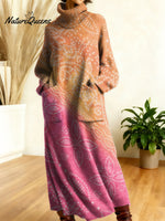 Women's Retro Floral Flowers High-neck Long-sleeve Casual Loose Knit Dress