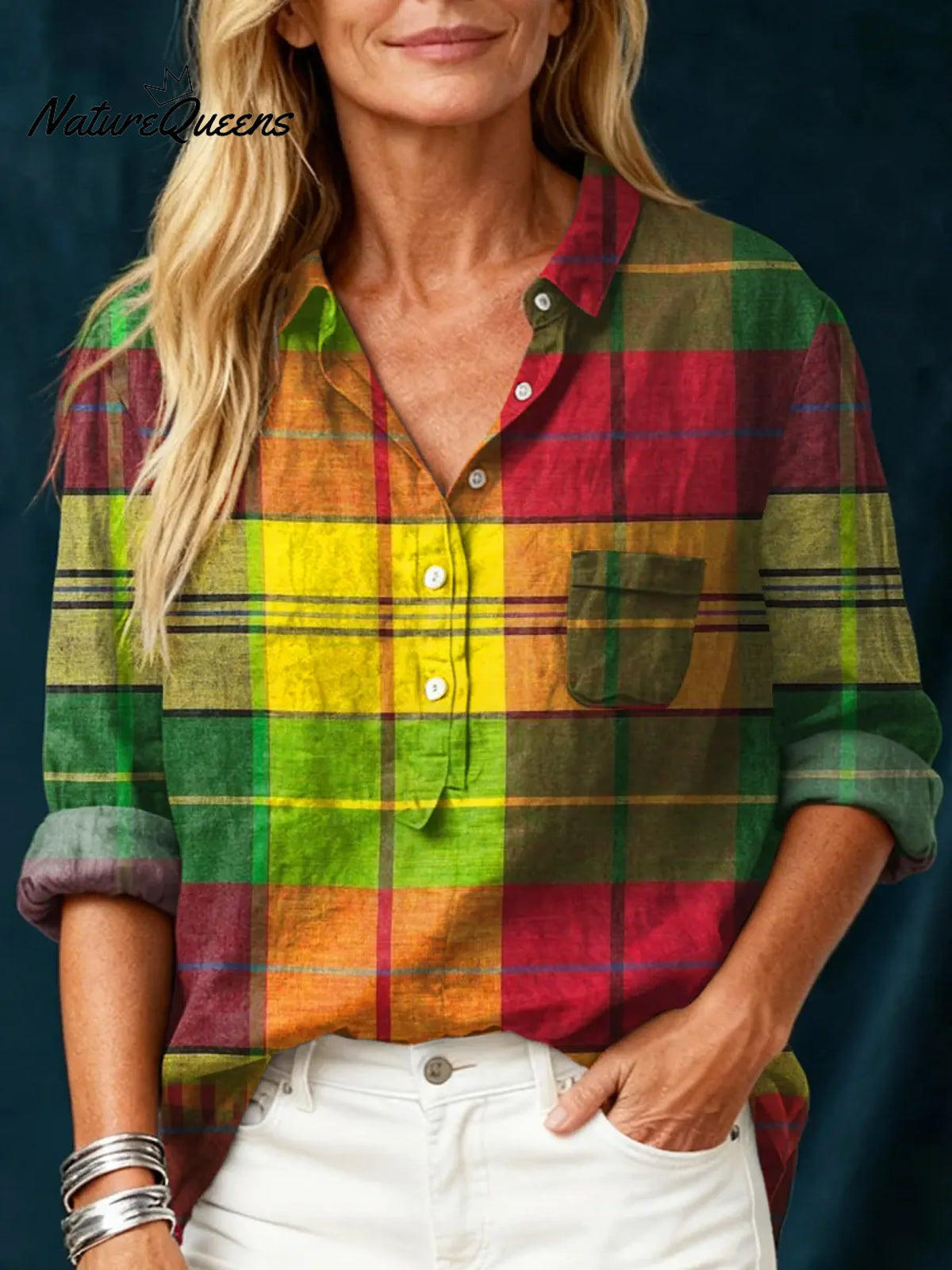 Women's Vintage Plaid Art Print Casual Cotton And Linen Shirt