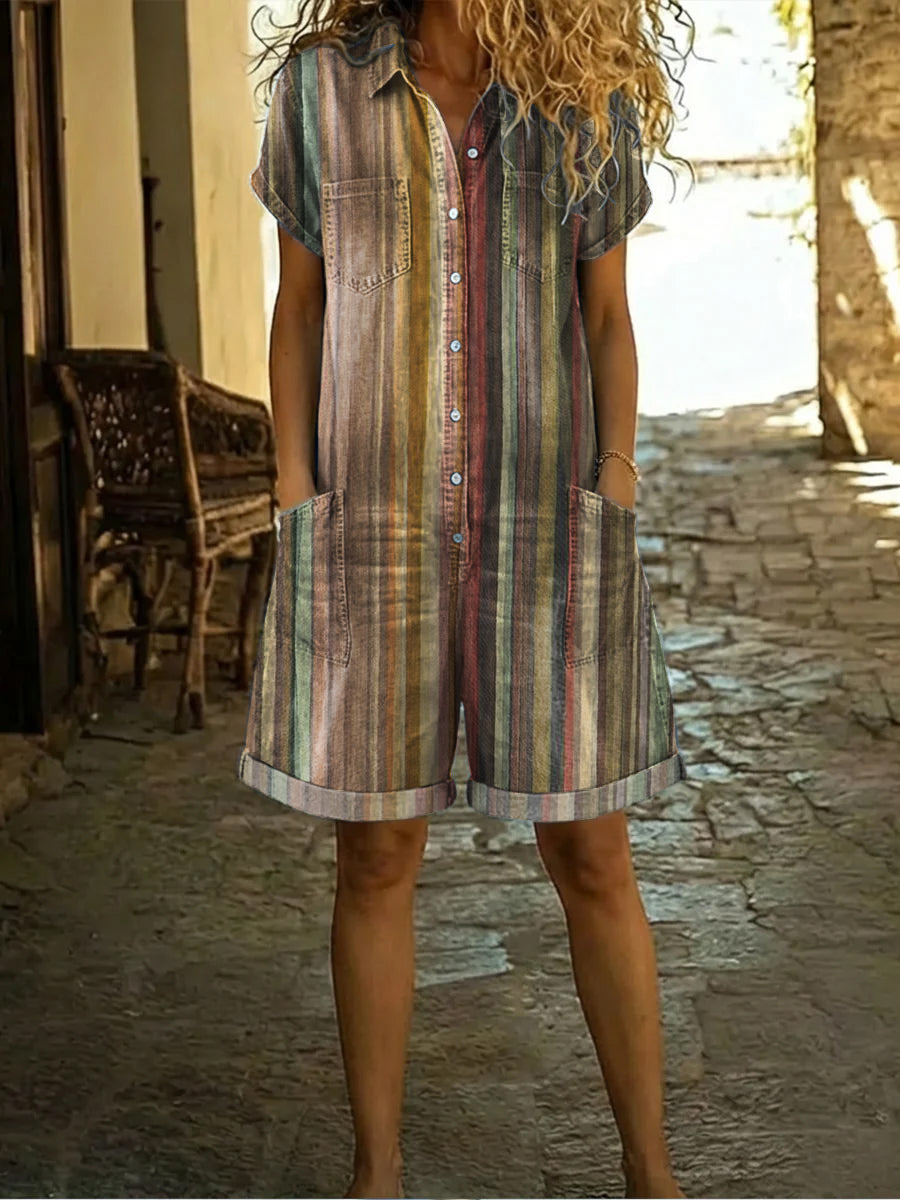 Women's Retro Stripes Print Casual Cotton Denim Jumpsuit