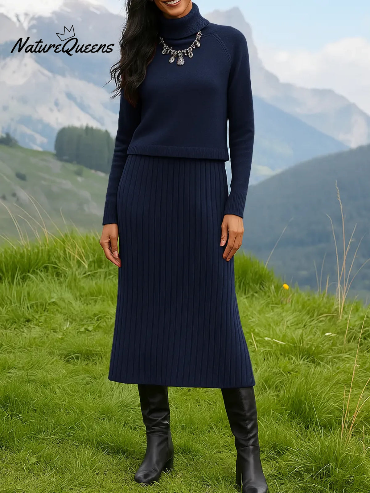 Women's Solid Color Turtleneck Knit Top and Vest Strap Knit Dress Set