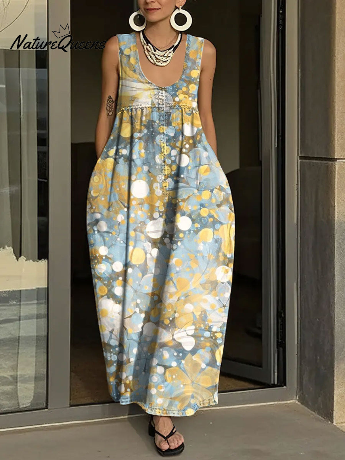 Women's Simple Flowers Pattern Art Print Casual Cotton Denim Dress