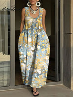 Women's Simple Flowers Pattern Art Print Casual Cotton Denim Dress