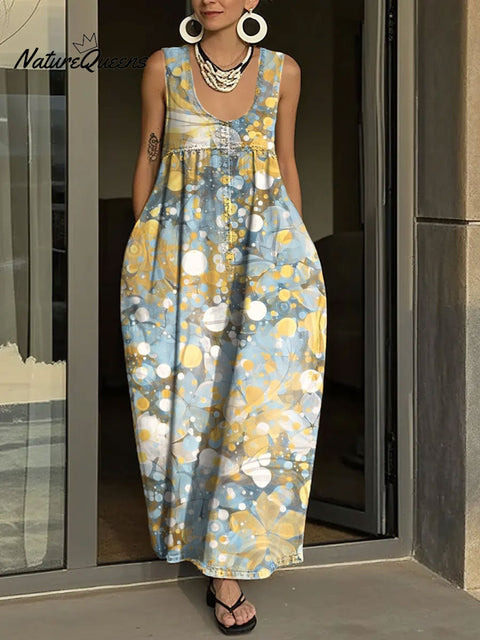 Women's Simple Flowers Pattern Art Print Casual Cotton Denim Dress