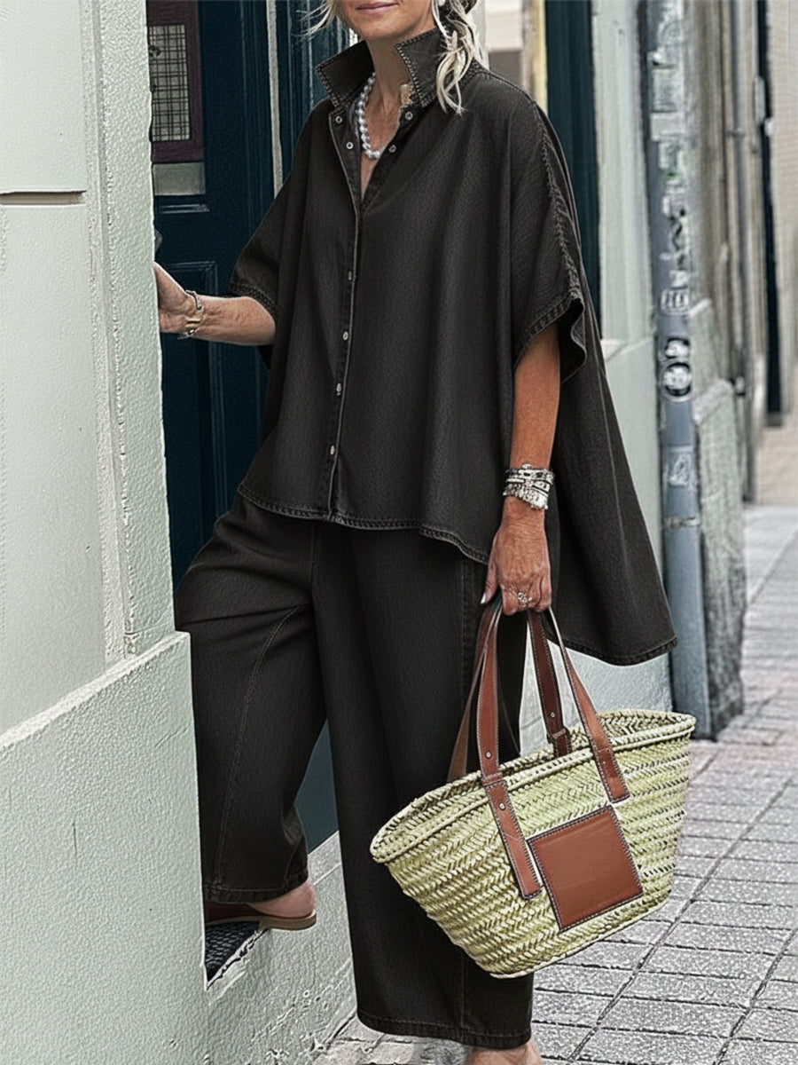 Casual Denim Irregular Hem Shirt And Wide-leg Pants Two-piece Set