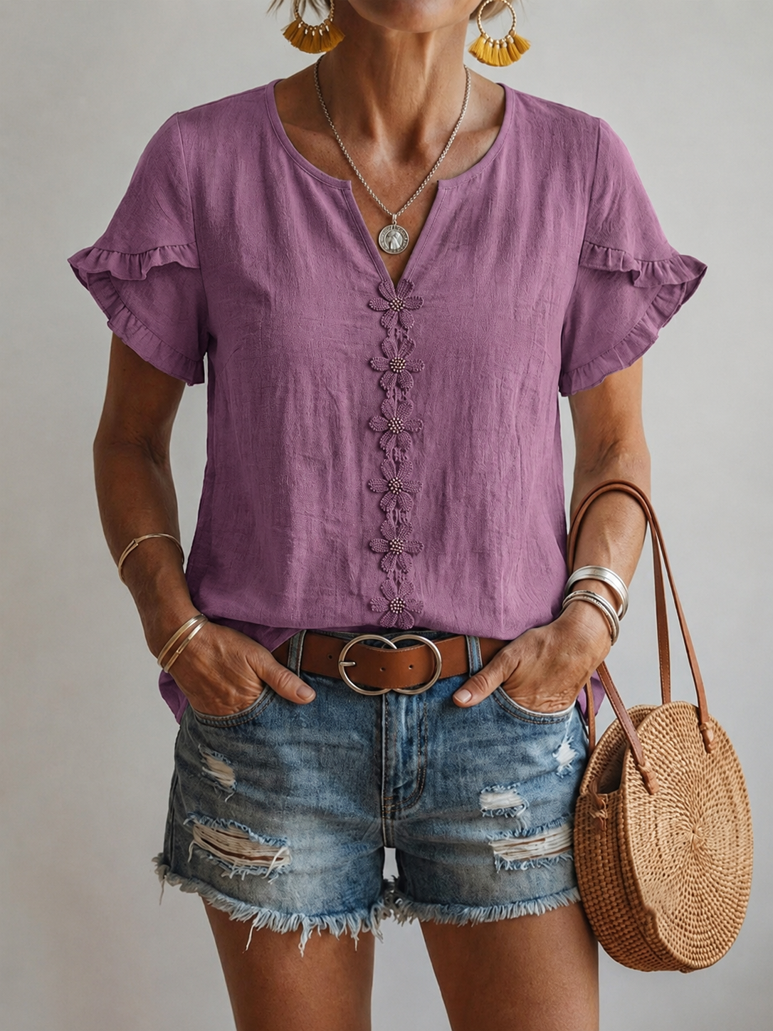 Floral-embroidered V-neck Casual Shirt With Ruffled Short Sleeves