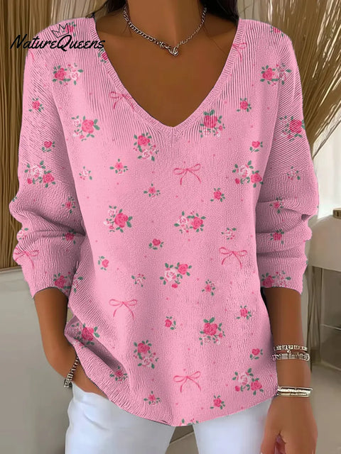 Women's Floral Pattern Art Print Casual V-Neck Sweater