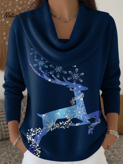 Women's Christmas Deer Snowflake Pattern Art Print Cowl Neck Sweater