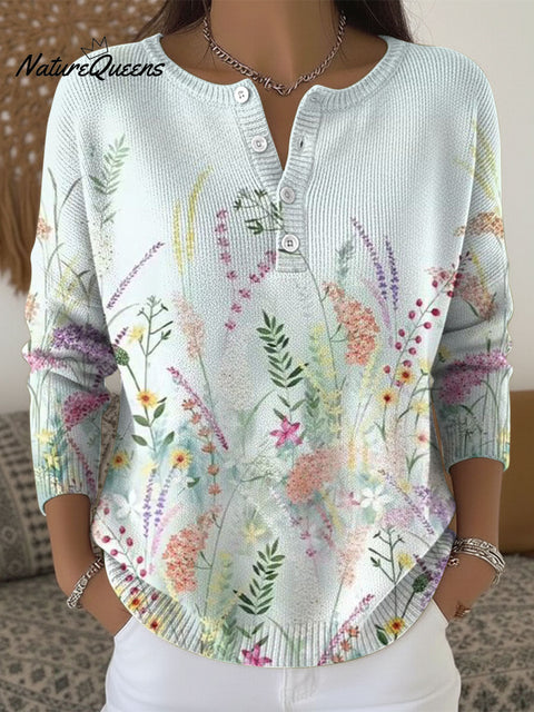 Women's Multicolor Flowers Pattern Art Print Buttoned Cardigan Sweater