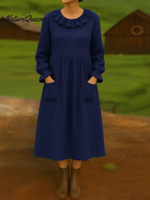 Women's Solid Color Round Neck Ruffled Long Sleeve Casual Loose Pocket Knit Dress