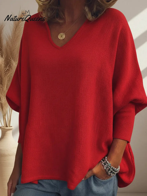 Cozy Batwing Sleeve V-neck Knit Pullover