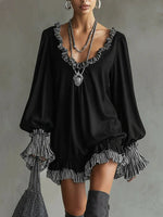 Women's Vintage Black Dress With Ruffled Trim