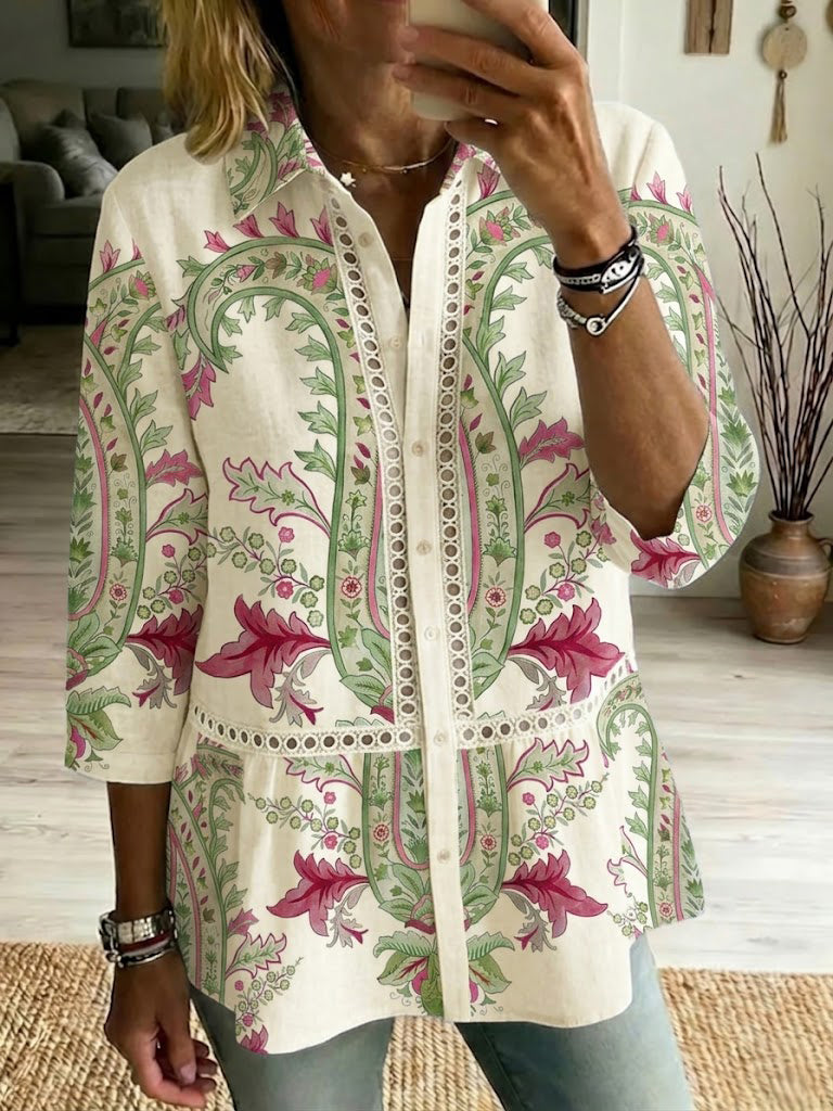 Casual Cotton-linen Shirt With Floral Art Patterns, Splicing, And Openwork Webbing Trim