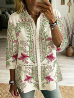 Casual Cotton-linen Shirt With Floral Art Patterns, Splicing, And Openwork Webbing Trim
