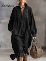 Women's Stand Collar Long Sleeve Casual Loose Ruffled Cotton Dress