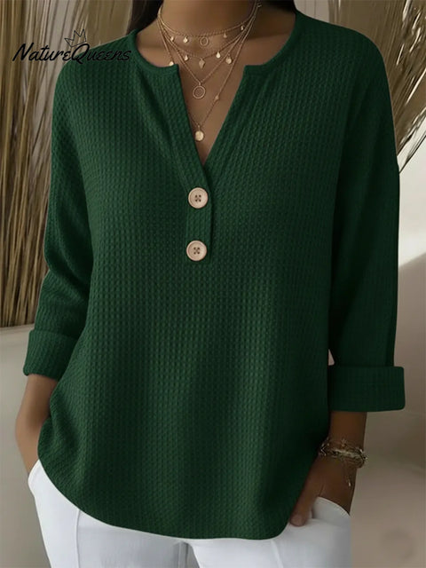 Classic V-neck Button-down Waffle Sweater