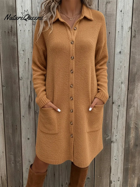 Women's Casual Pocket Knit Midi Shirt Dress
