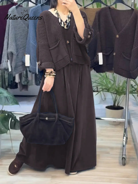 Women's Solid Color V-Neck Long-Sleeve Casual Loose Knit Cardigan Set with Elastic Waist A-Line Skirt