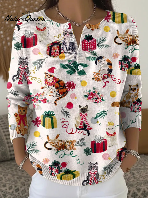Cute Christmas-themed Cat Print Buttoned Cardigan Sweater