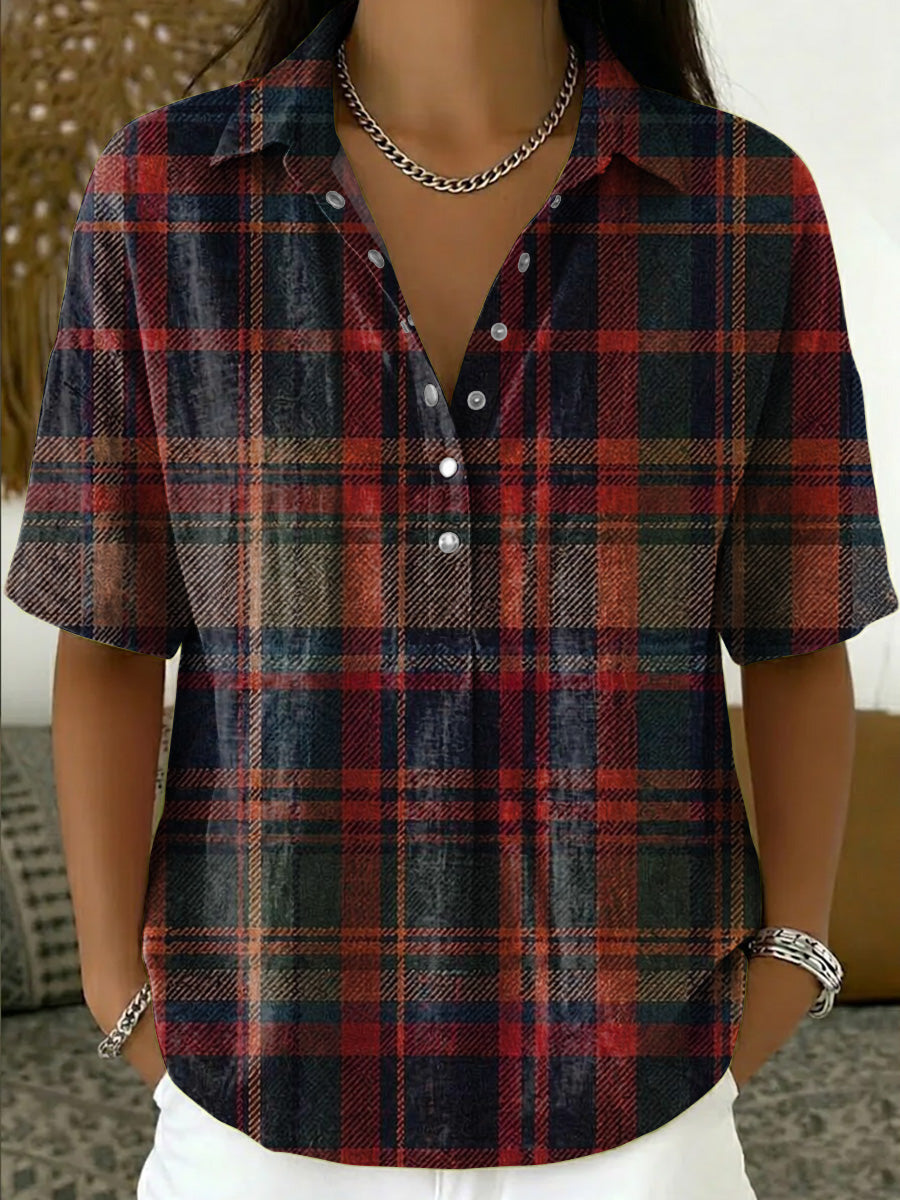 Artistic Plaid-print Short-sleeve Collared Shirt With Half-button Placket