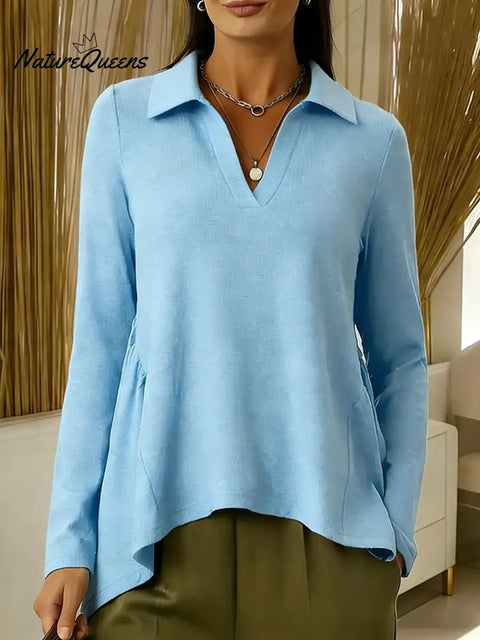 Women's Solid Color V-neck Long-sleeved Casual Loose-fitting Top With Irregular Hem.