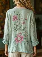 Women's Retro Floral Art Print Casual Cotton Linen Shirt