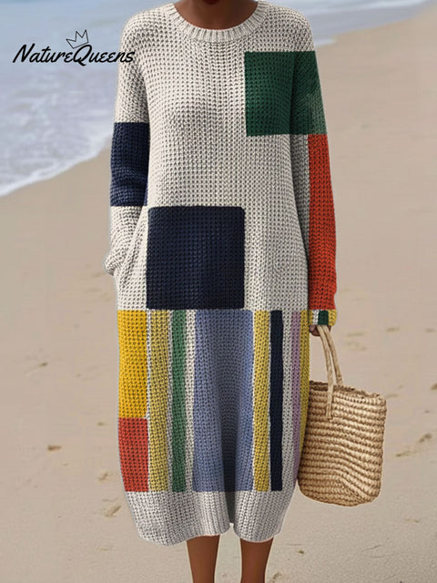 Women's Color Block Abstract Pattern Casual Round Collar Long Sleeve Dress