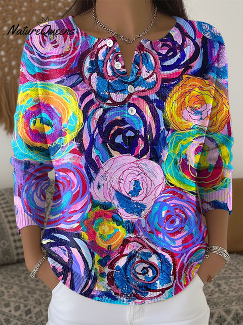 Women's Color Flowers Pattern Art Print Buttoned Cardigan Sweater