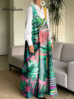 Women's Retro Splicing Colorful Leaf Pattern Art Print Casual Cotton Denim Dress