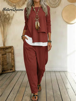 Women's Casual Asymmetrical Hem Cotton Top And Pants Two-piece Set