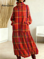 Women's Vintage Plaid Pattern Art Print Casual Cotton Knitted Dress