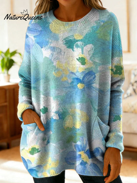 Women's Lovely Floral Flowers Pattern Art Print Casual Cotton Knitted Sweater