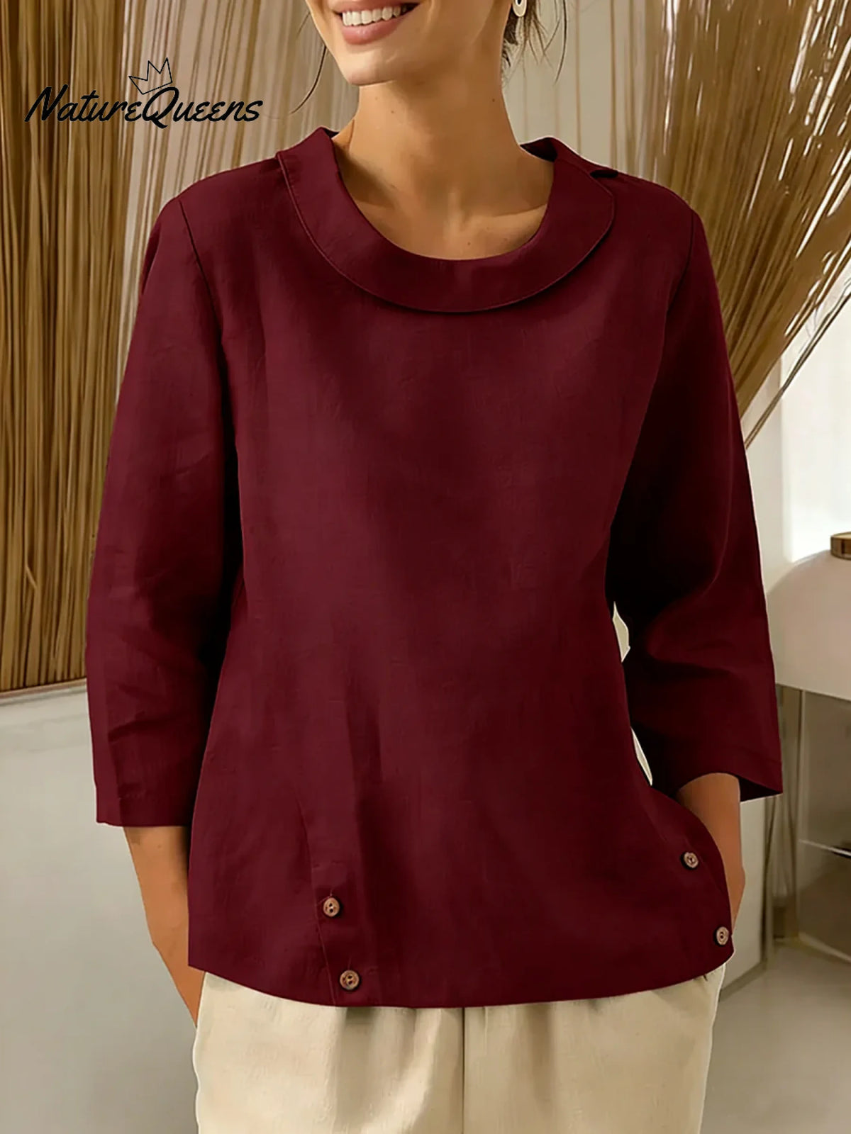 Women's Solid Color Round Neck Three-quarter Sleeve Casual Loose Cotton And Linen Top