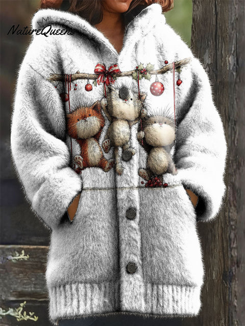 Women's Retro Christmas Tree Cat Snowflake Pattern Art Print Casual Plush Warm Coat