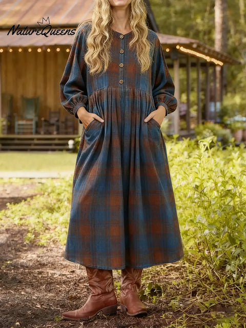 Women's Casual Plaid Cotton Linen Long-Sleeved Dress