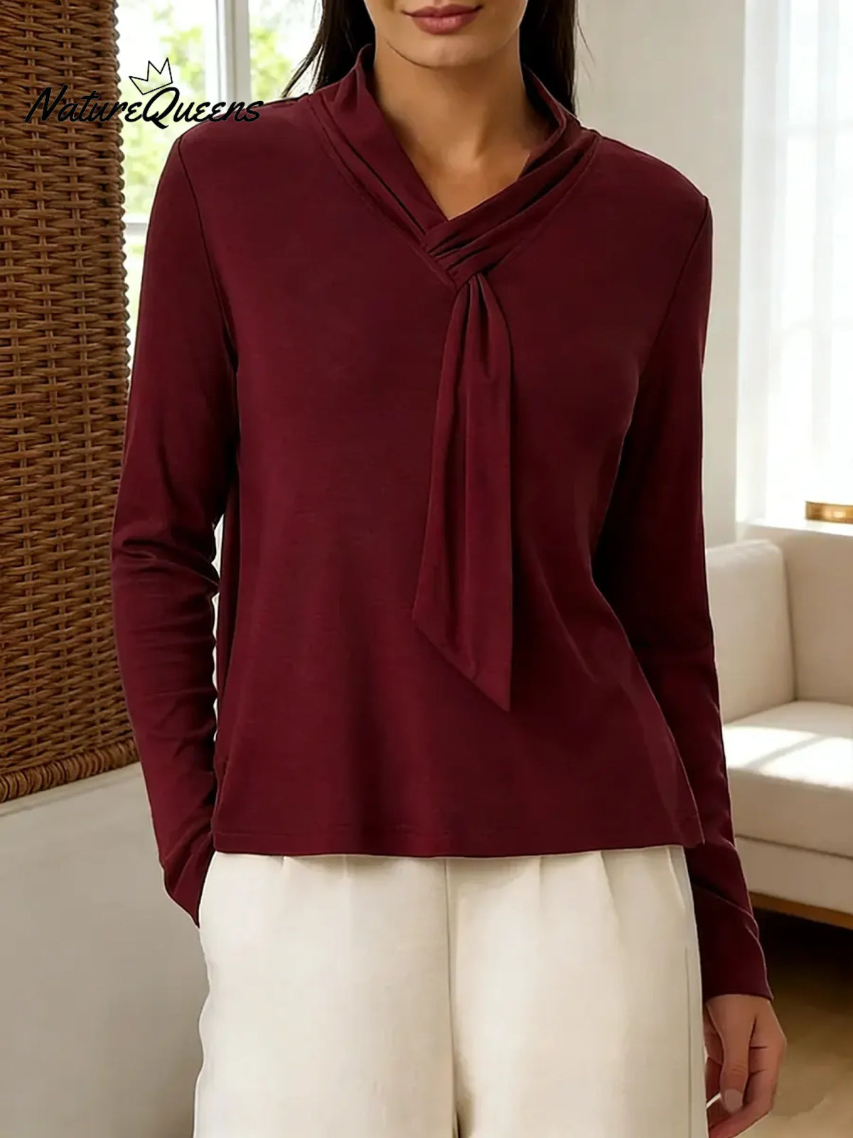 Women's Solid Color V-neck Long-sleeved Casual Loose Knit Sweater