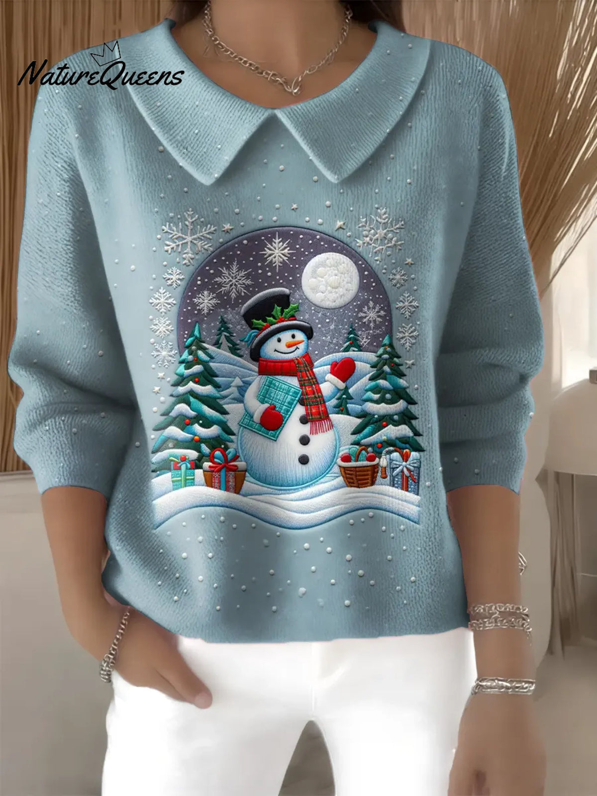 Women's Christmas Snowman Printed Collared Blouse