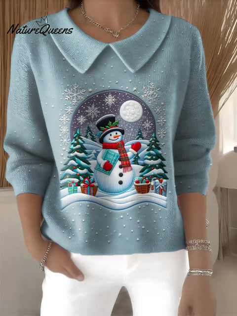 Women's Christmas Snowman Printed Collared Blouse