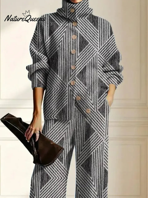 Women's Geometric Art Print Casual Cotton Knitted Suits