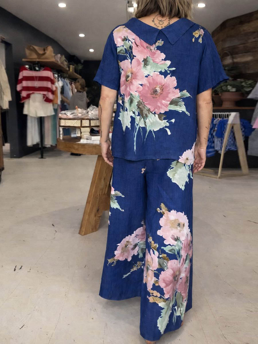 Women's Spring New Arrival Round Neck/peter Pan Collar Two-way Style Short-sleeved Casual Loose Cotton And Linen Pants Set