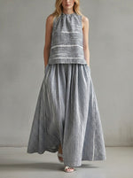 Stylish Sleeveless Linen And Cotton Striped Top And Skirt Two-piece Set