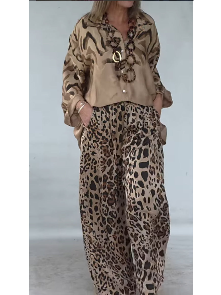 Two-piece Set Featuring A Relaxed-fit Leopard Print Tencel-cotton Shirt And Striped Trousers.