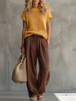 Casual Knitted Pullover Top And Linen-cotton Trousers Two-piece Set