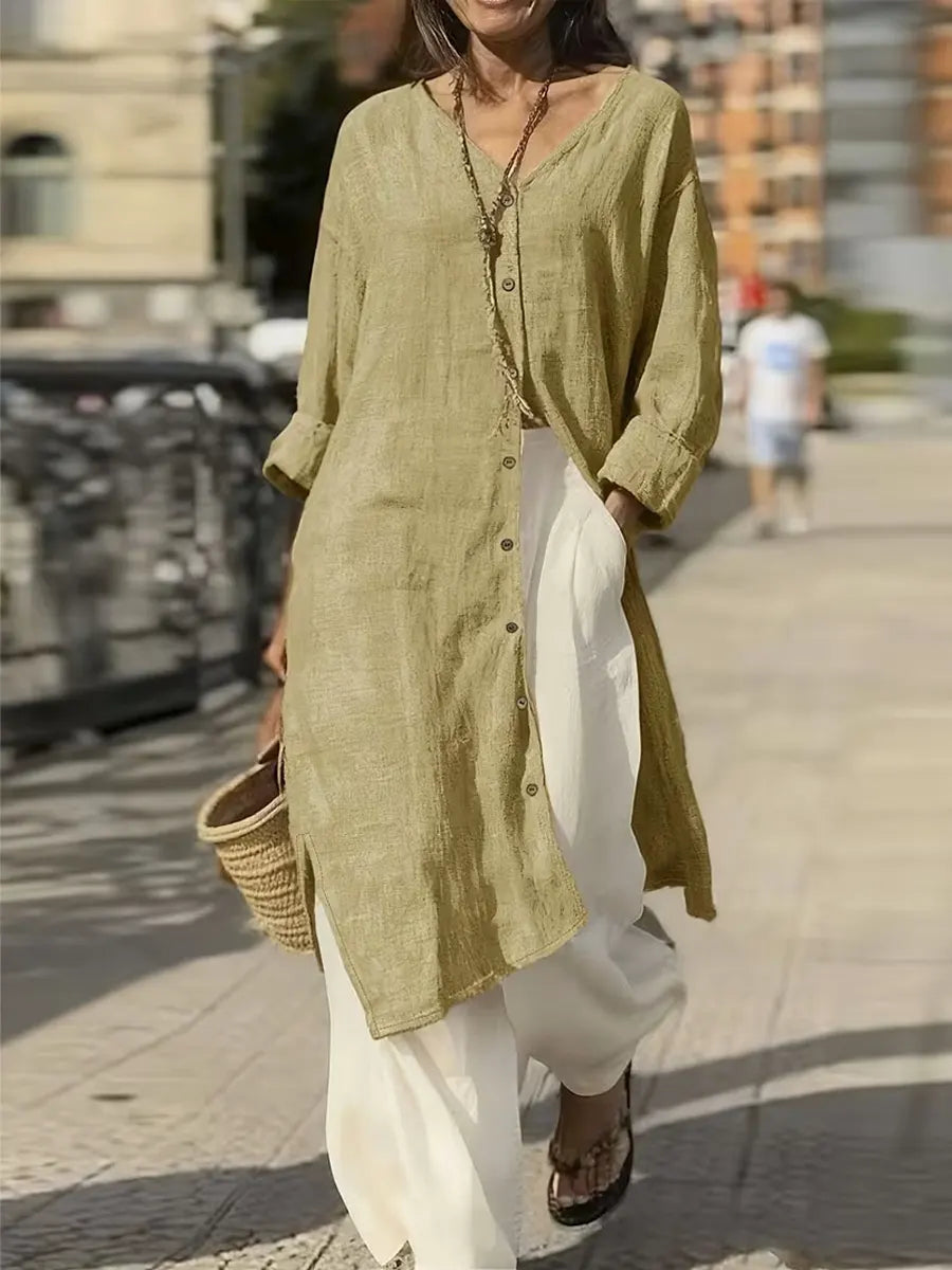 Women's Casual Solid Color Art V-Neck Cotton Linen Dress