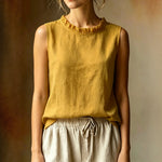 Women's Loose-fit Sleeveless Shirt With Ruffled Crew Neck