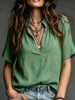 Women's Casual V-neck Short-sleeve Solid-color Cotton-linen Top