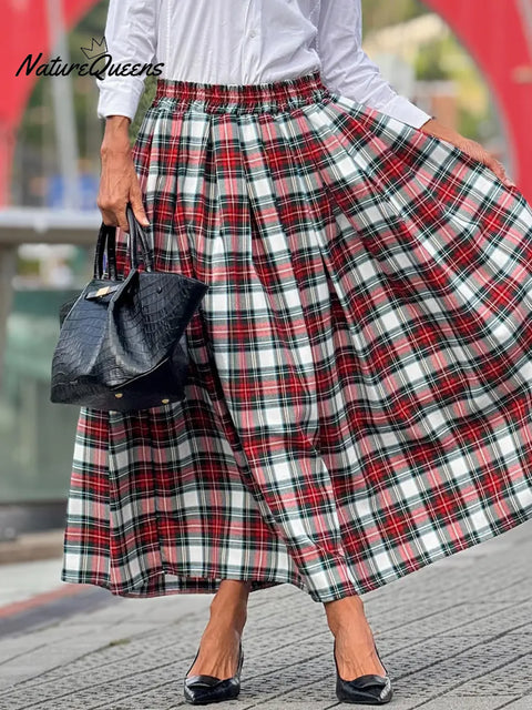 Women's Casual And Comfortable Plaid Cotton And Linen Skirt