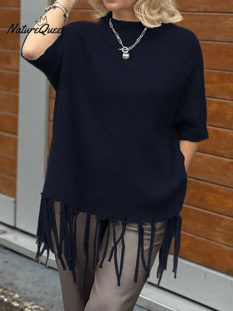 Women's Solid Color Stand Collar Three-Quarter Sleeve Casual Loose Tassel Knit Top