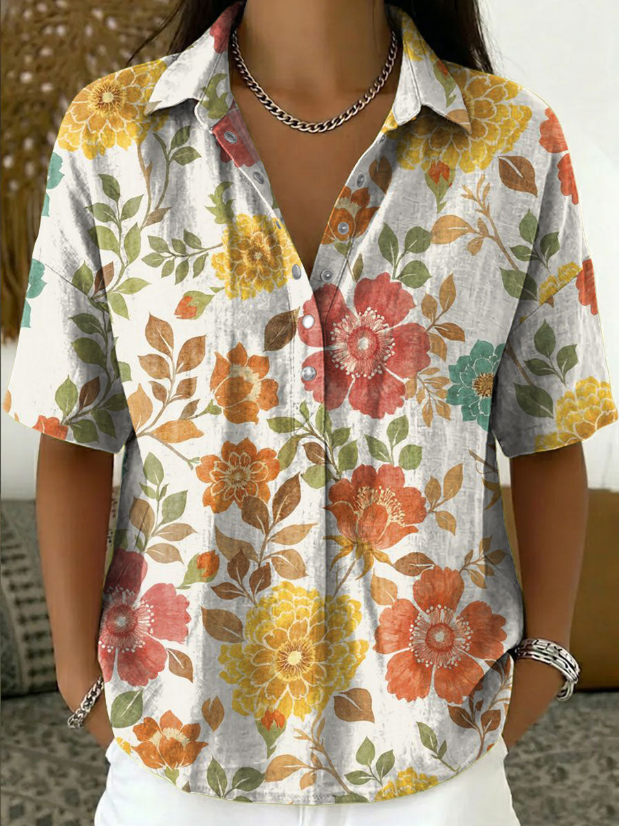 Women's Vintage Botanical Floral Casual Polo Collar Short-sleeved Linen And Cotton Shirt