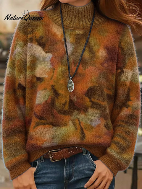 Artistic Gradient Print Turtleneck Fleece Sweater